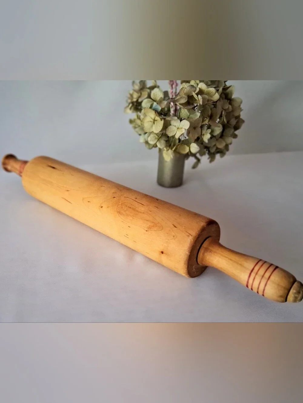 Vintage Wooden Rolling Pin - Red Paint Handles